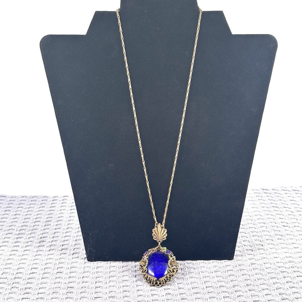 Vtg Brass Necklace With Large Blue Lapis Stone Pendant